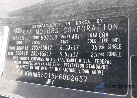 2015 Kia Sedona Lx z USA, uszkodzony, nr VIN KNDMB5C15F6062657